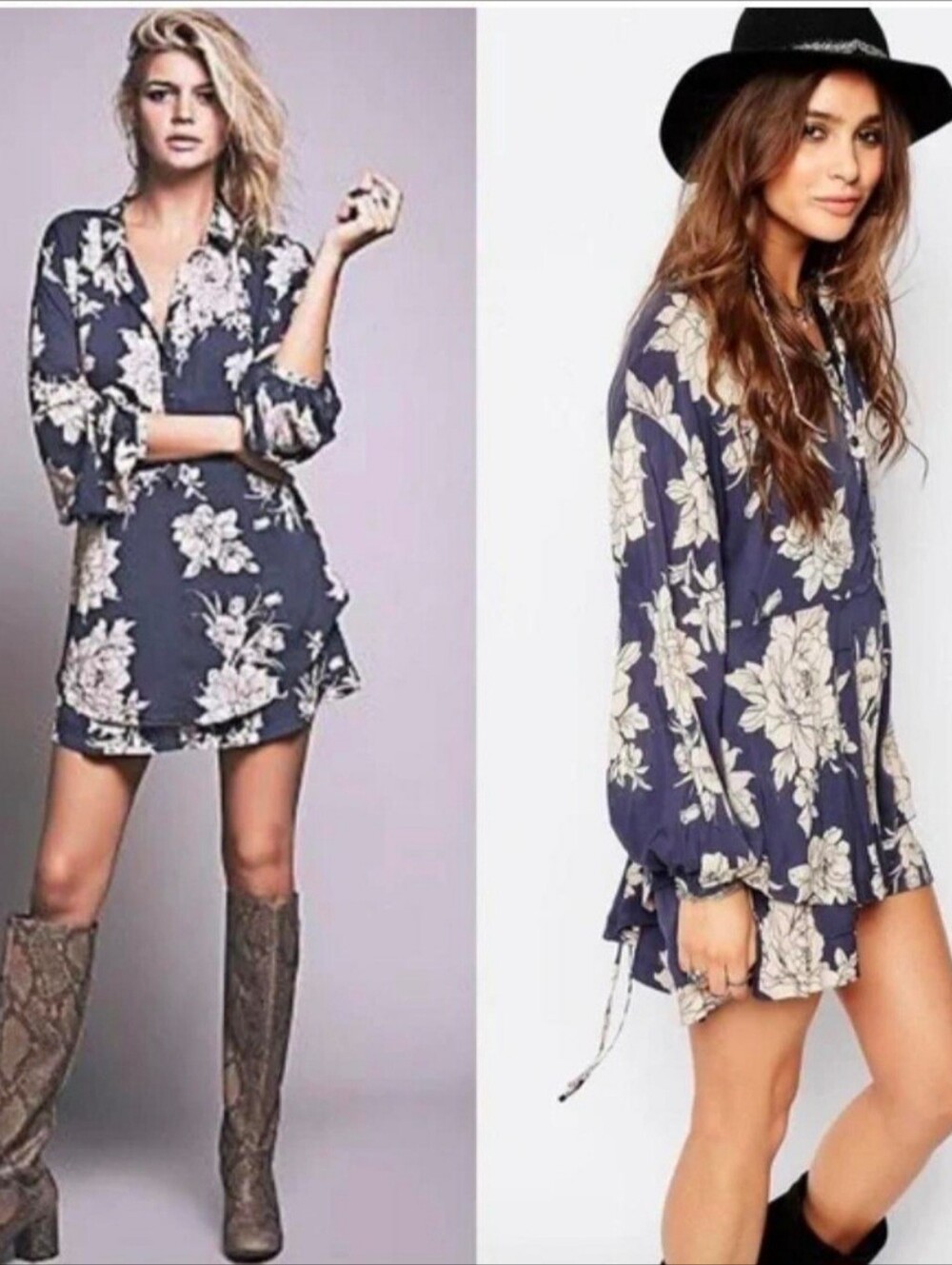 Free People Shake It Mini Dress Medium Blue Cream Bell Sleeves Floral Boho